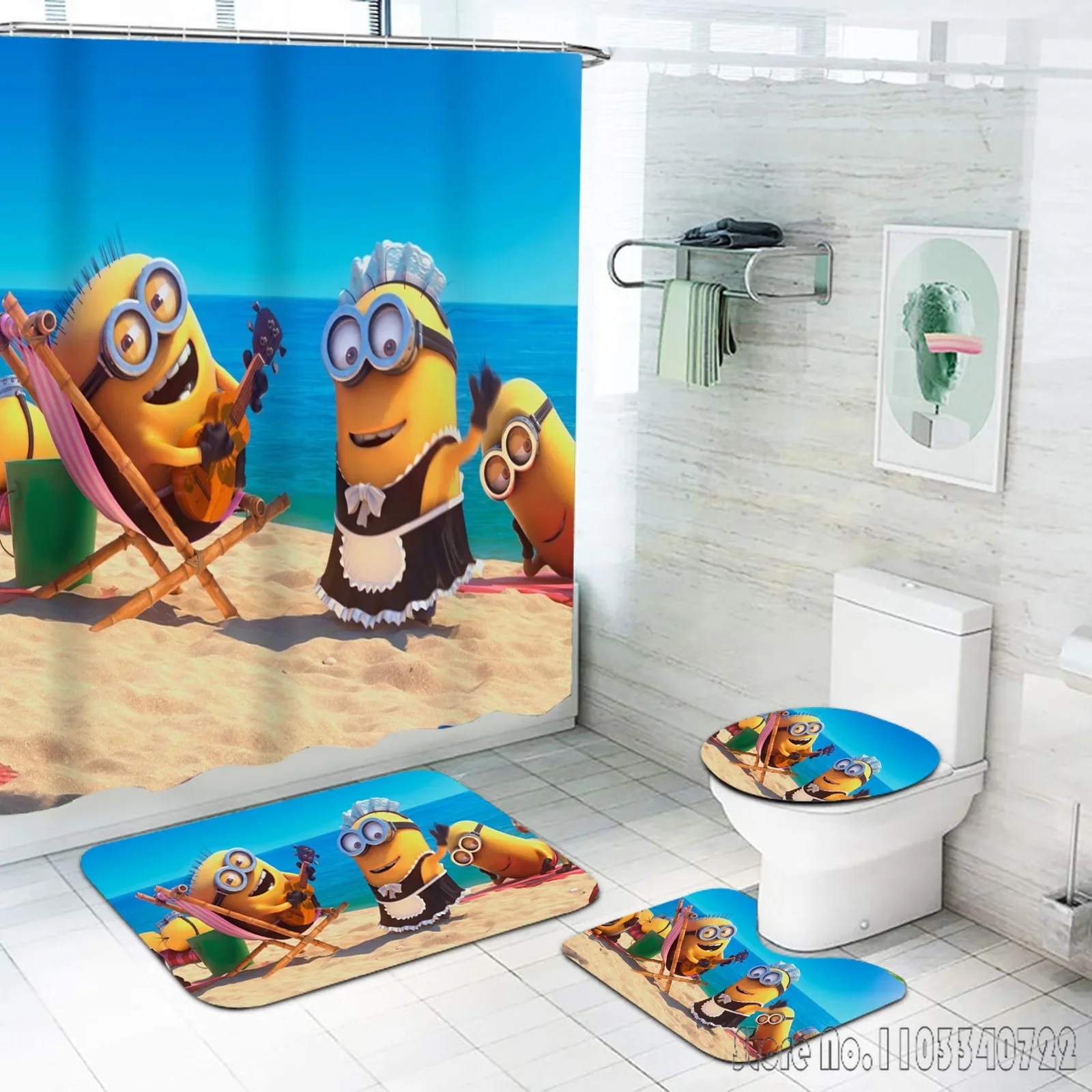 Фото Детский набор для ванной с аниме-персонажами M-Minions: шторка для душа (4 предмета) с крючками, водонепроницаемый коврик для туалета, декор для крышки унитаза №4