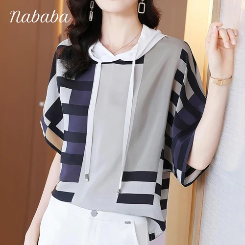 

여성 스트라이프 프린팅 반팔 후드티