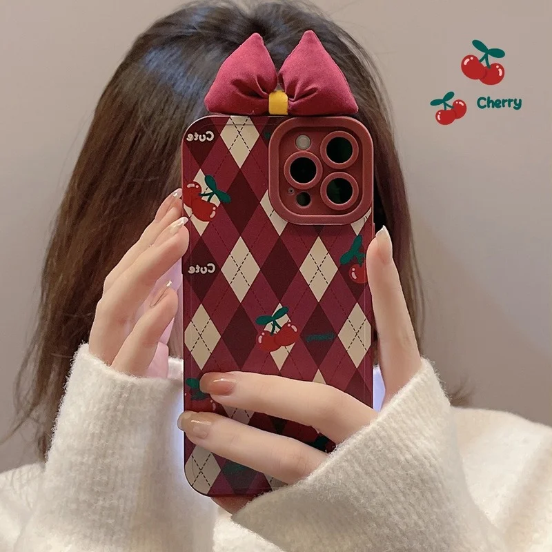 

Милый мультяшный чехол для телефона с 3D бантом вишни для iPhone 13 11 12 Pro Max 13mini SE X XR XS Max 7 8 Plus, противоударный матовый мягкий чехол