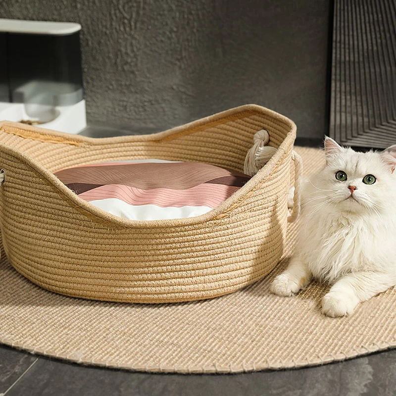 

YOKEE Handcrafted Rattan Cat Bed Puppy Kennel Woven Four Season Cozy Nest Baskets for Cat Kitten Scratching Sleeping Mat House