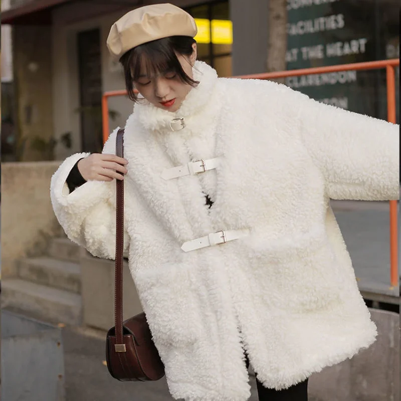 Women Coats Harajuku Lambs Wool Fleece Coat Streetwear Black White Oversized Hoodie Sweet Korean Style Winter Fashion 2023