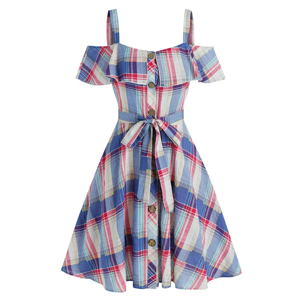 

Plaid Print Cold Shoulder Belted A Line Dress For Women Summer Amekaji Casual Shirt Sweetheart Neck Robe