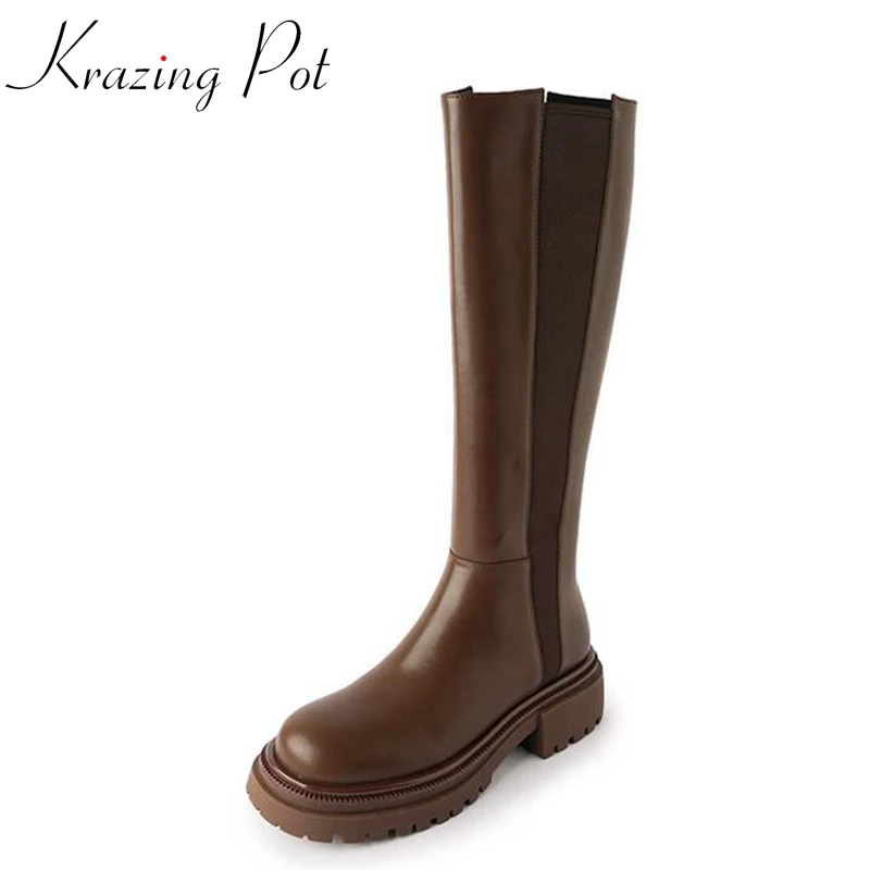 

Krazing Pot 2023 Cow Leather Round Toe Med Heels Knight Boots Splicing Thick Bottom Stovepipe Korean Girl Zip Thigh High Boots