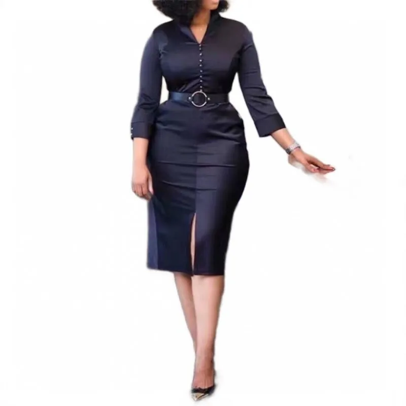 

Knee Length Wrap Dress Women 3/4 Sleeve V Neck High Waist Split Outfits 2022 New Fashion Solid Office Lady Pencil Dress Vestidos