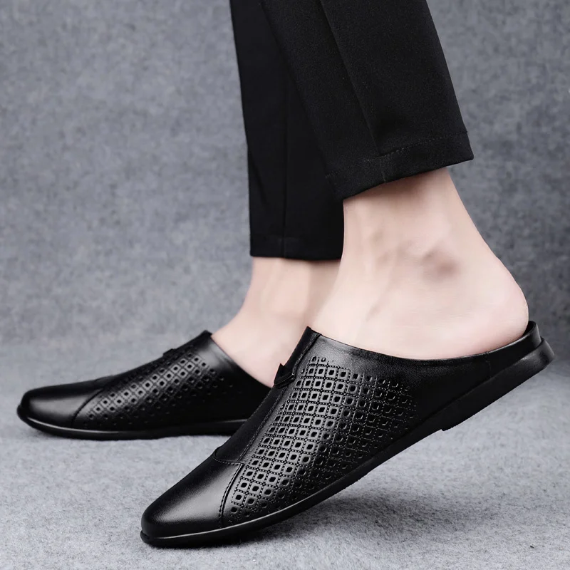 Leather Genuine Men's Shoes Luxury Brand Half Drag Slippers Men Casual Mens Loafers Moccasins Soft Breathable Summer Sandals Man