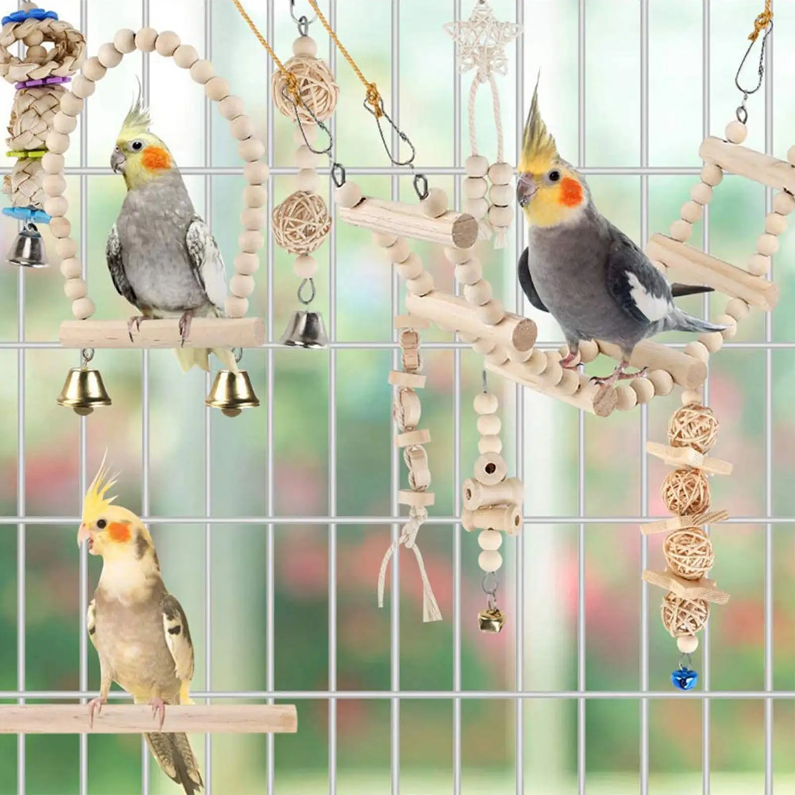 

9x Wood Bird Parrot Swing Chewing Toys Perch Cage Bite Toy African Grey