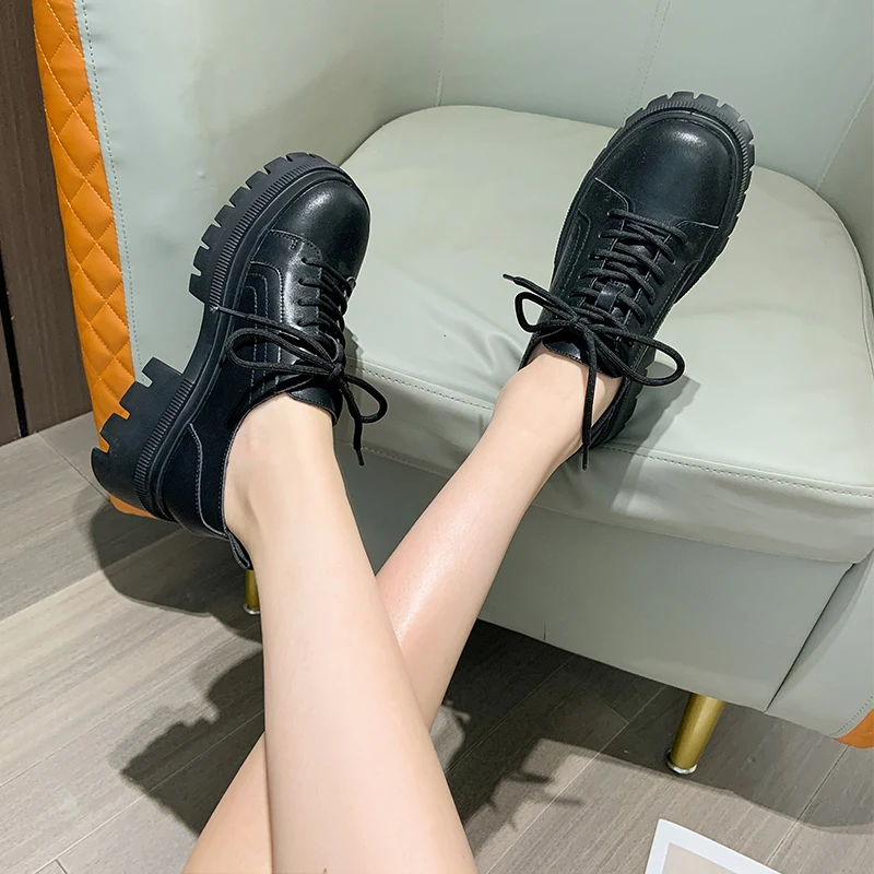 AIYUQI Loafers Women Genuine Leather 2023 New Thick-soled Casual Women Shoes British Style White Lace-up Women High Heels Shoes