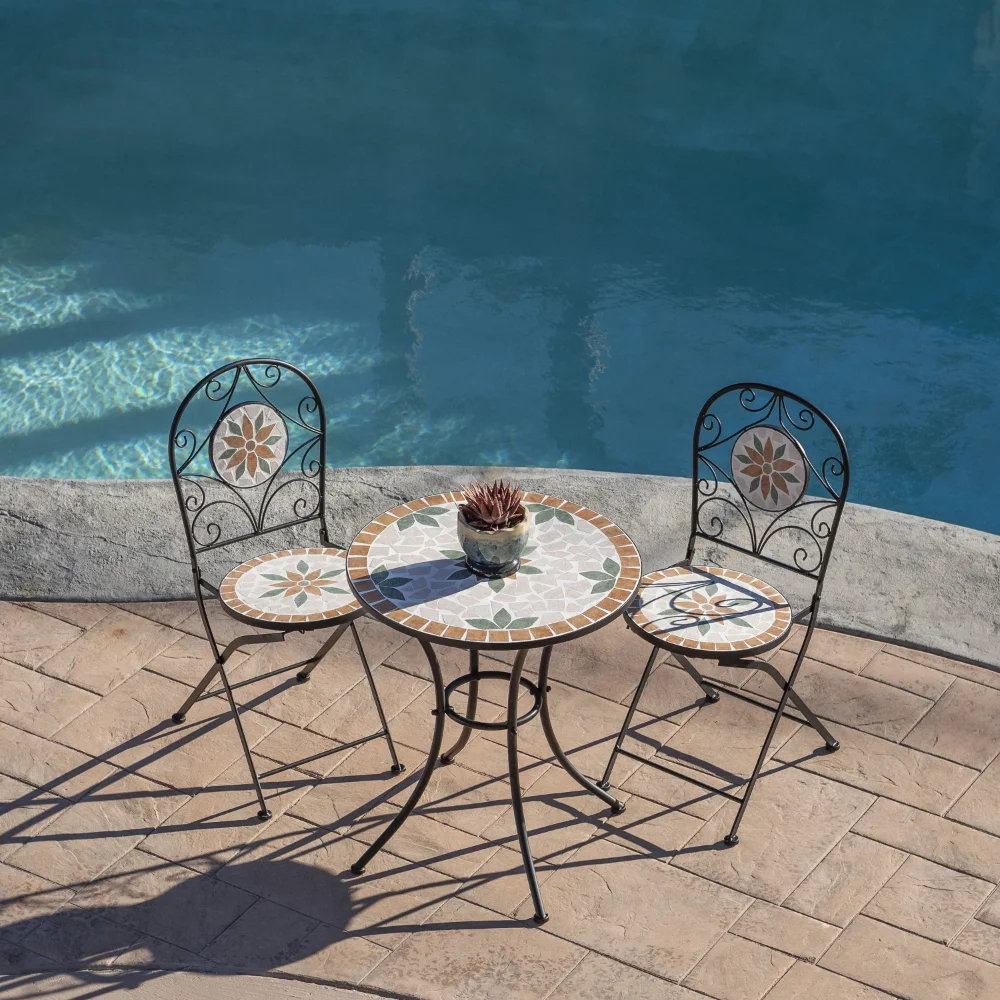 

Alpine Corporation 3-Piece Iron Mosaic Tile Patio Bistro Set, Light Brown