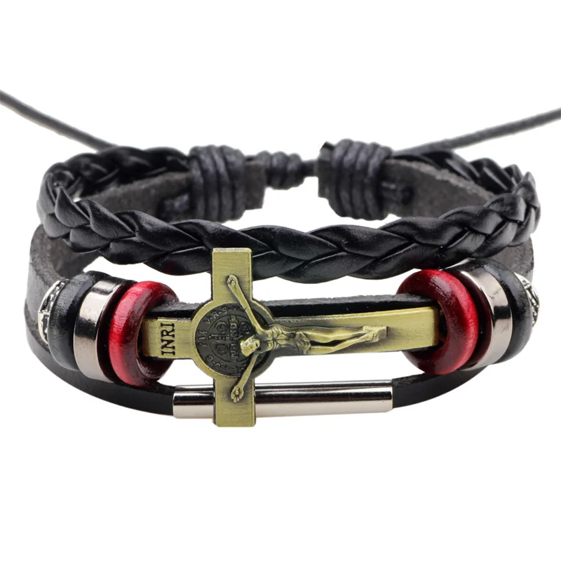 

2023 Hot Sale in Europe and America Charm Bracelet Black Classic Design Cross Leather Braided Beading Jewelry Accessories Unisex