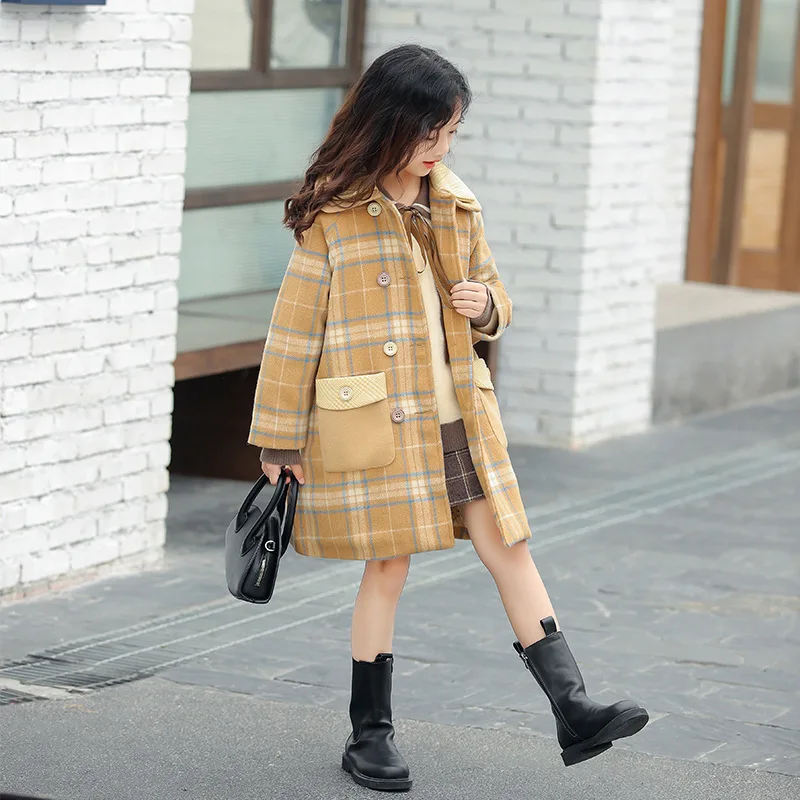

Girls Thick Mid-length Plaid Coat For Teen Autumn Winter Children's Loose Woolen Overcoat For Kids Warm Jacket