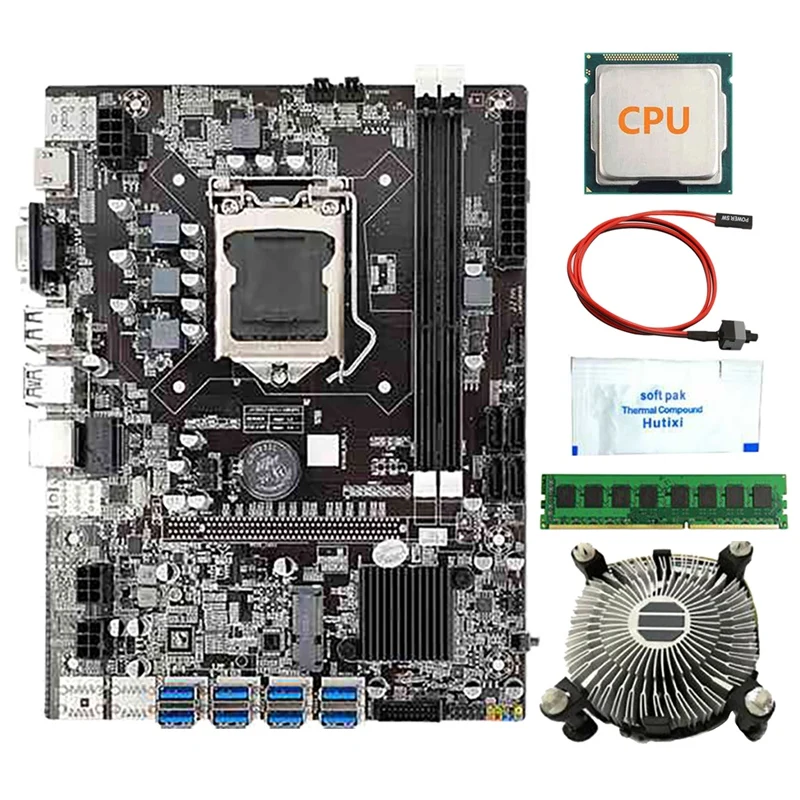 B75 BTC Mining Motherboard Set with Random CPU+Fan+8G DDR3 RAM+Thermal Grease+Switch Cable 8 USB3.0 Slot LGA1155 SATA3.0