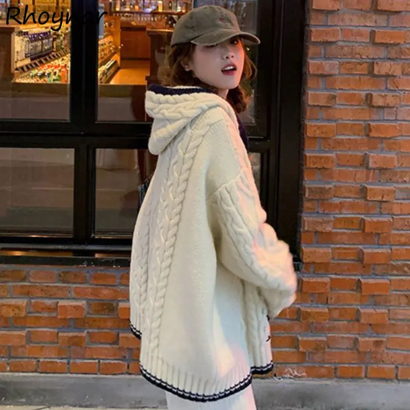

Hooded Cardigan Women Baggy Korean Fashion Sweet Girlish Teens Streetwear Personal Panelled Preppy Knitwear Sweaters Kpop Chic