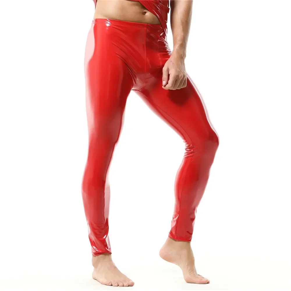 Черные/красные мужские леггинсы из лакированной кожи облегающие брюки
