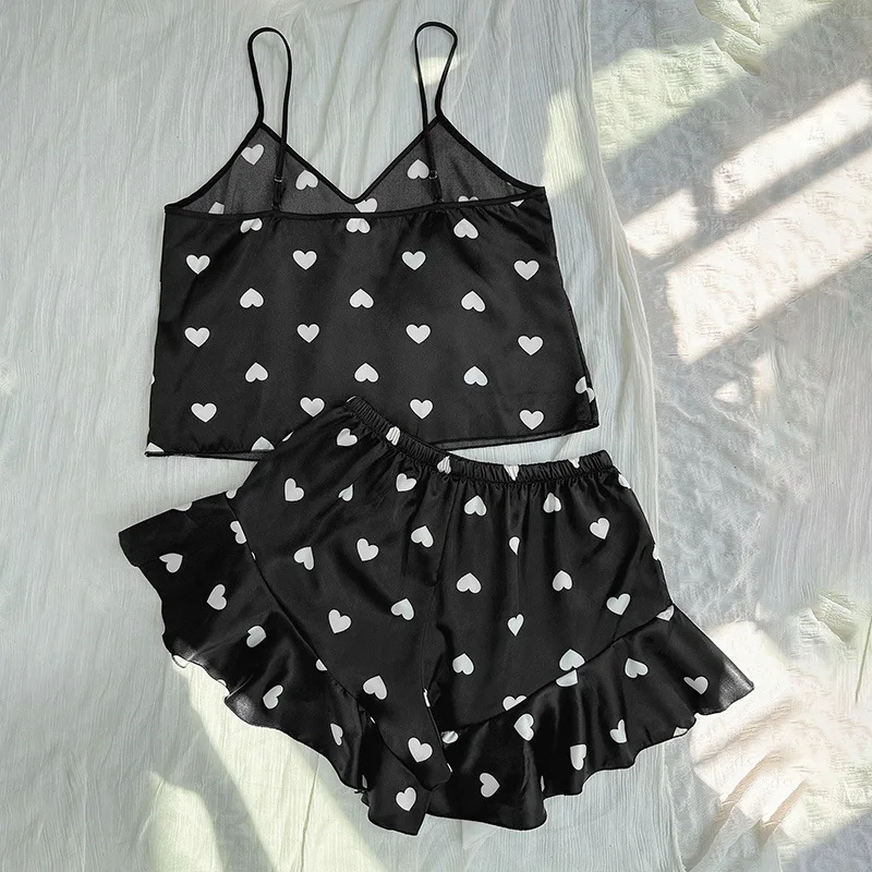 Women Pajamas Sets 2pcs Satin Silk Heart Print Pijamas Pyjama Female Sleepwear Cami Top Shorts for Woman Homewear Loungewear