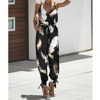 women jumpsuits summer feather print lace up backless jumpsuits women sleeveless v neck spaghetti strap pocket pencil jumpsuits