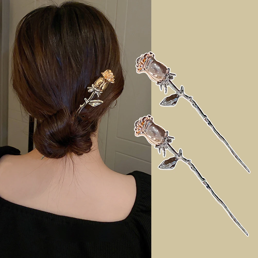 

Vintage Chinese Style Rose Flower Hairpins Hair Stick Women Metal Hair Fork Hair Chopsticks Woman Jewelry Hair Clip Accessories