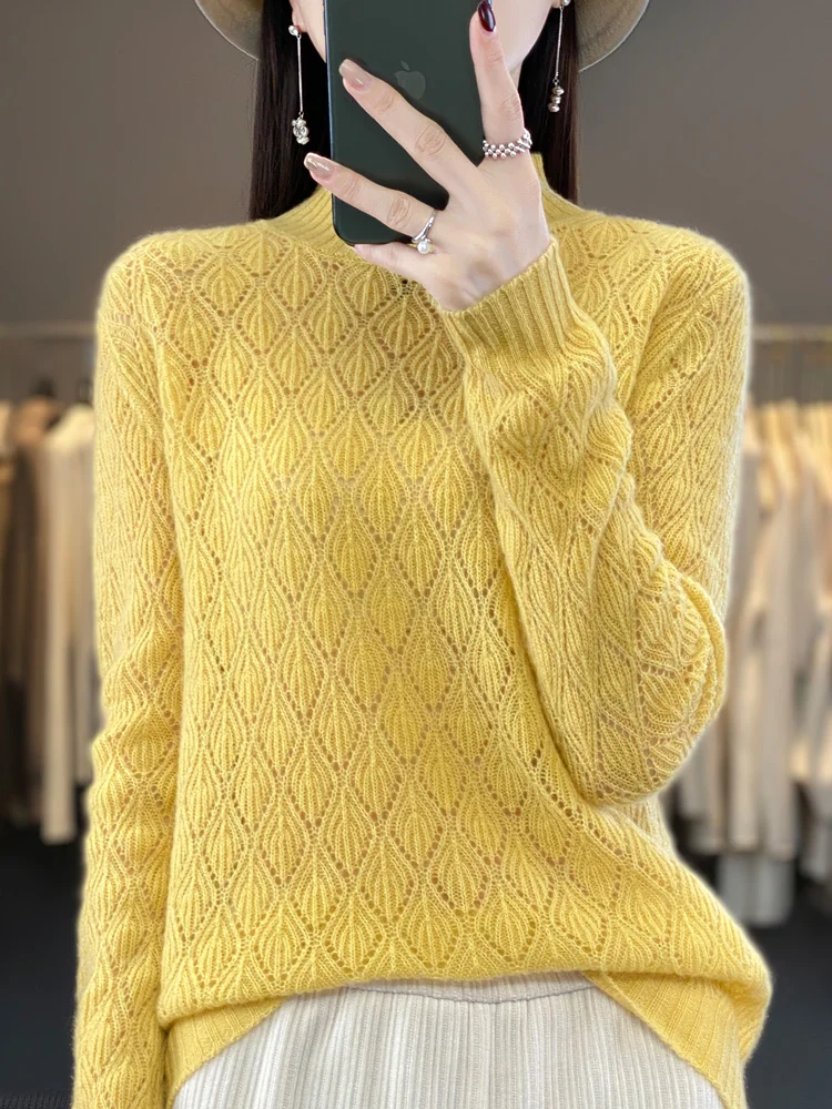 

Autumn 100% Merino Wool Sweater Women Pullovers Mock Neck Hollow Out Long Sleeves Cashmere Knitwear Korean Fashion Clothes Tops