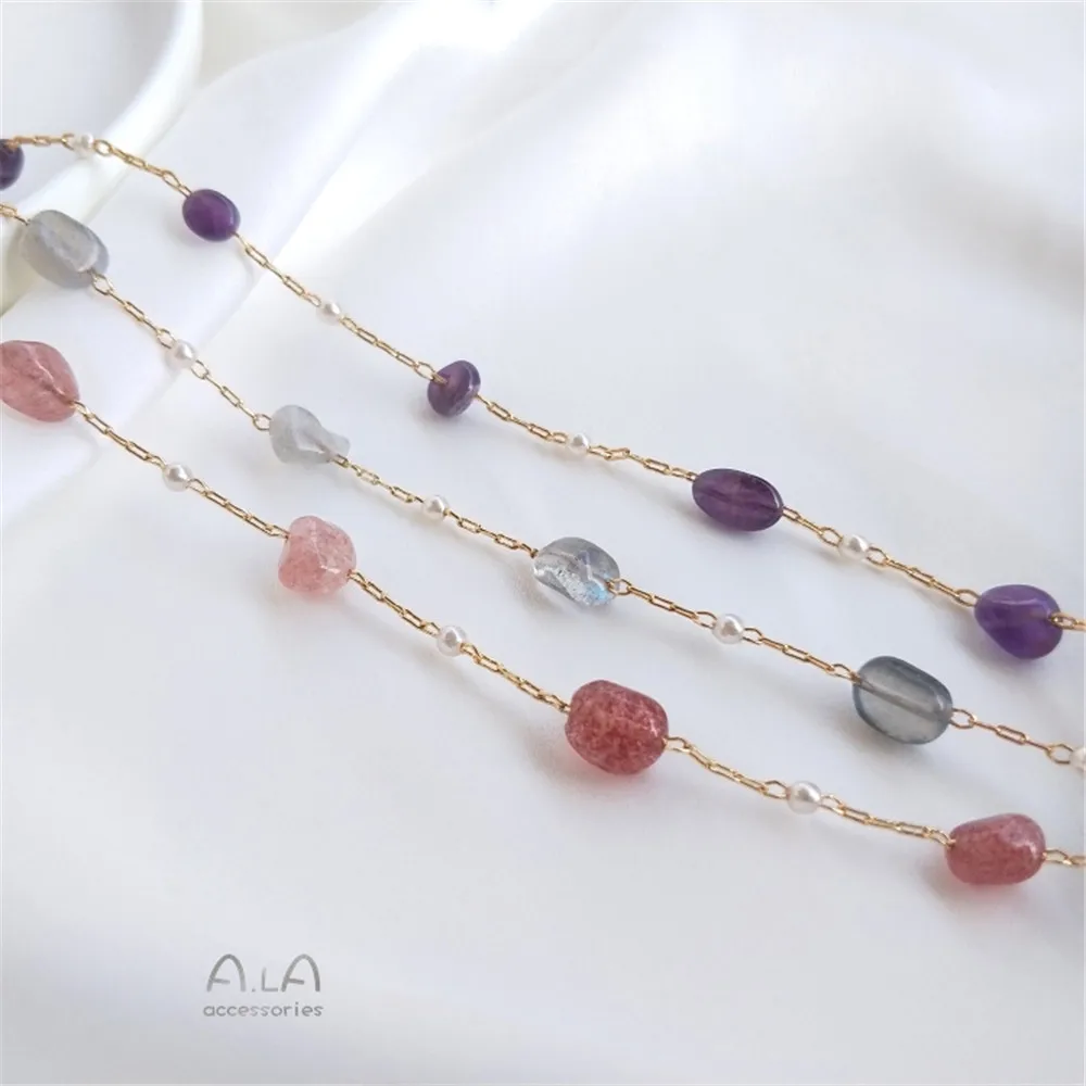 14K Gold Filled Plated Handmade chain Strawberry crystal pull feldspar amethyst rectangular chain DIY bracelet accessories