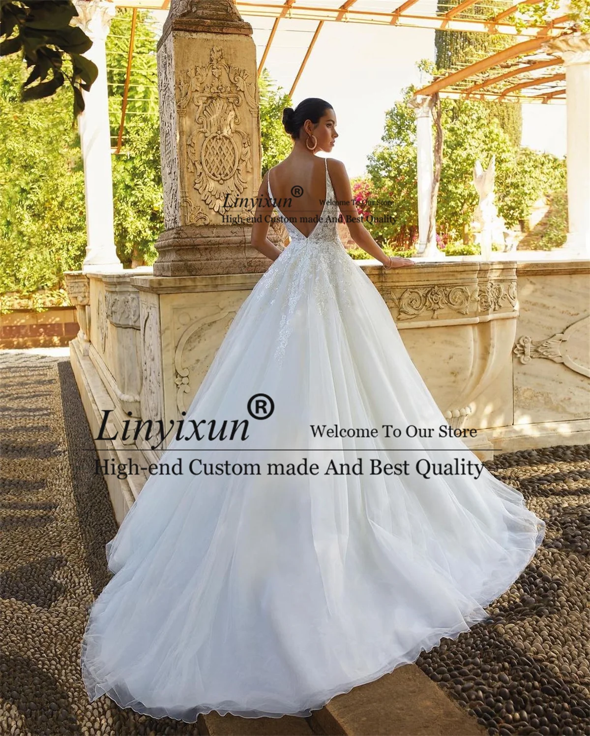Suknie ślubne Boho A Line Appliques Lace V-Neck Beach Bridal Gowns Backless Long Princess Court Train robe de mariée