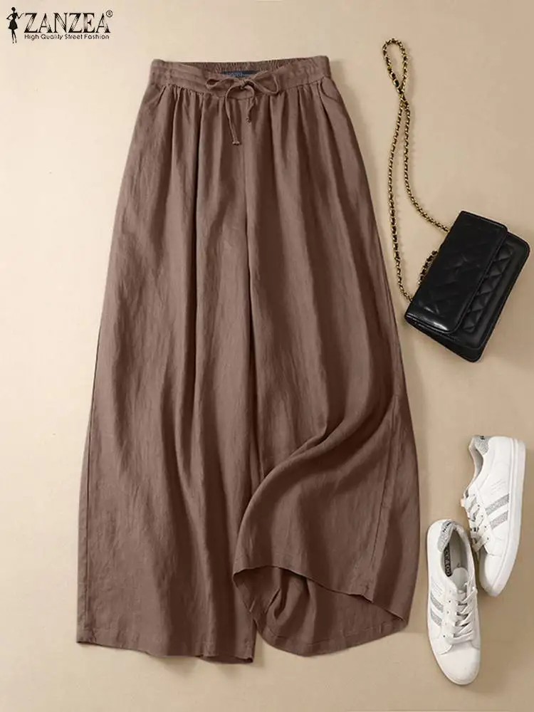 

ZANZEA Women Elastic Waist Wide Leg Trousers Summer Cotton Solid Loose Pants Casual Pantalon Female Holiday Baggy Long Palazzo