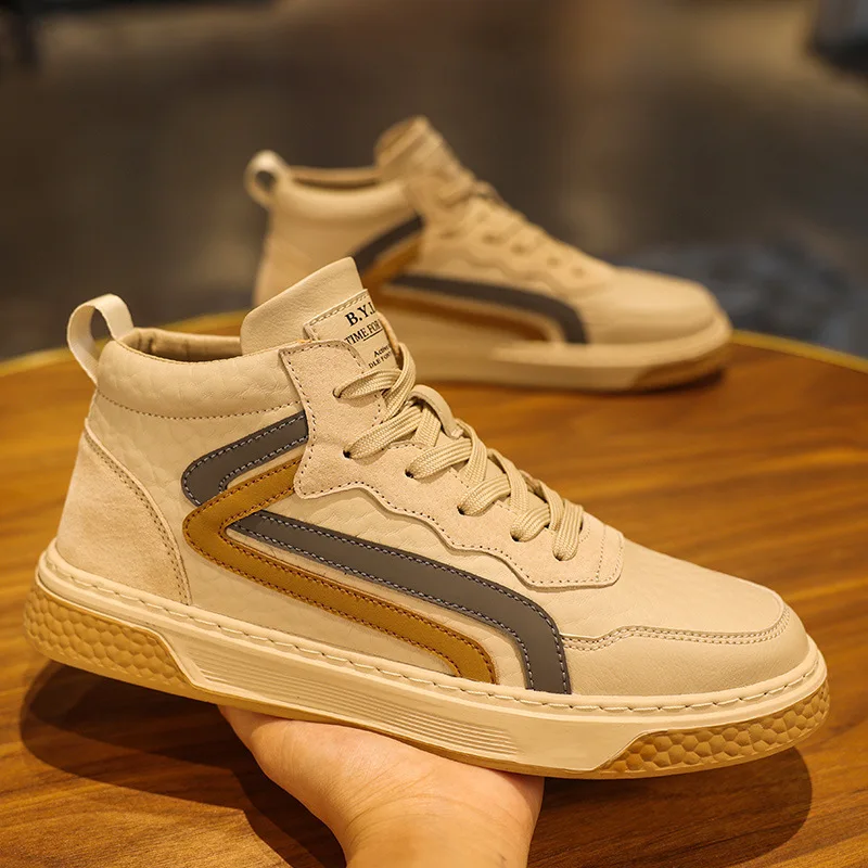 

European Men Leather Casual Shoes Autumn Winter Street High Tops Flats Skateboard Shoes Fashion Striped Sneakers