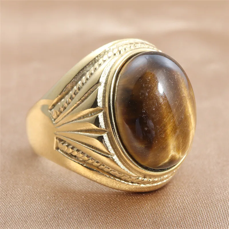 

Stainless Steel Oval Natural Tiger Eye Ring Arabian Style Temperament Men's Ladies Antique Jewelry Boyfriend Gift