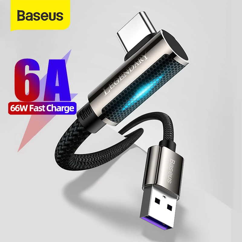 

Baseus 66W LED USB Type C Cable 90 Degree Fast Charging Cable For Xiaomi mi Huawei Samsung 6A USB C Mobile Phone Data Wire Cord