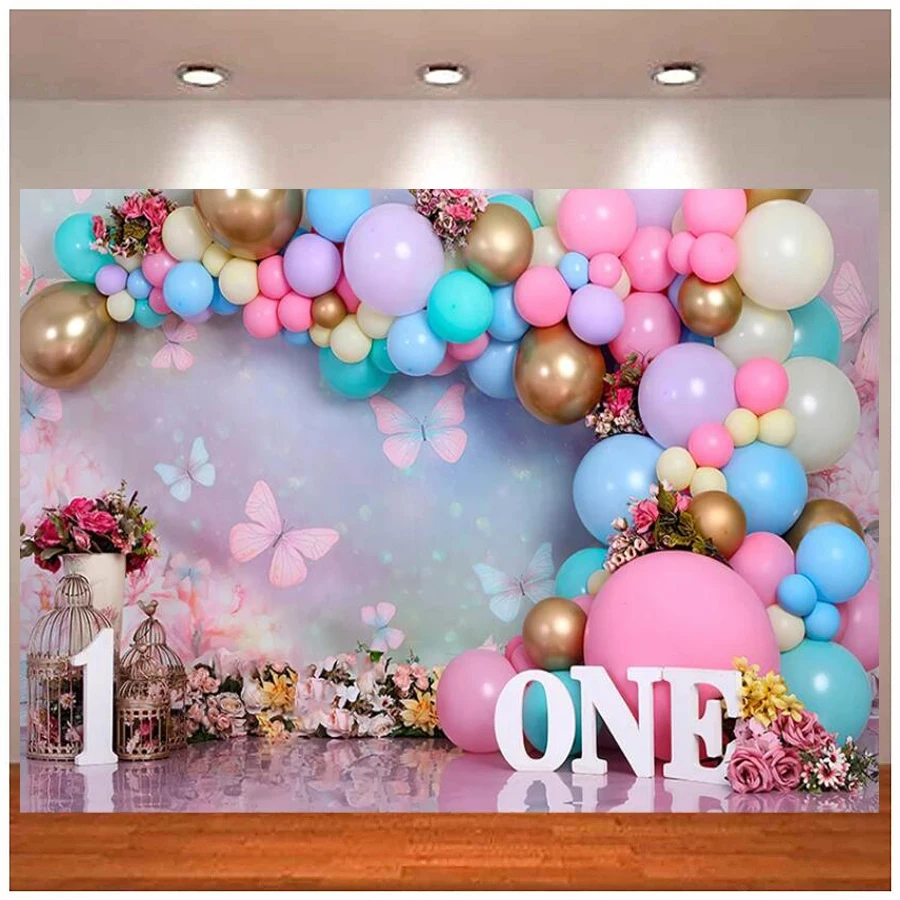

Photography Backdrop Wonderland Butterfly Flowers Girl Balloons 1st Birthday Cake Smash Decor Photo Background Banner Studio