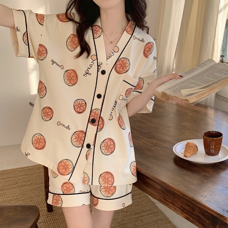 CAIYIER 2023 Summer Luxury Girls Pajamas Set Cardigan Casual Nightwear Cute Short Sleeve Shorts Ladies Korean Pijama Mujer M-2XL