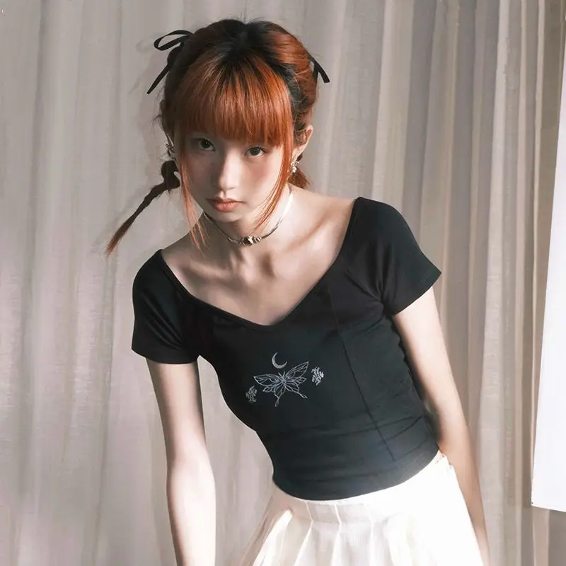 

Summer New Pure Lust Spicy Girl Short Cotton Short Sleeve T-shirt Women's Slim Fit Show Thin Versatile Design Sense Small Top