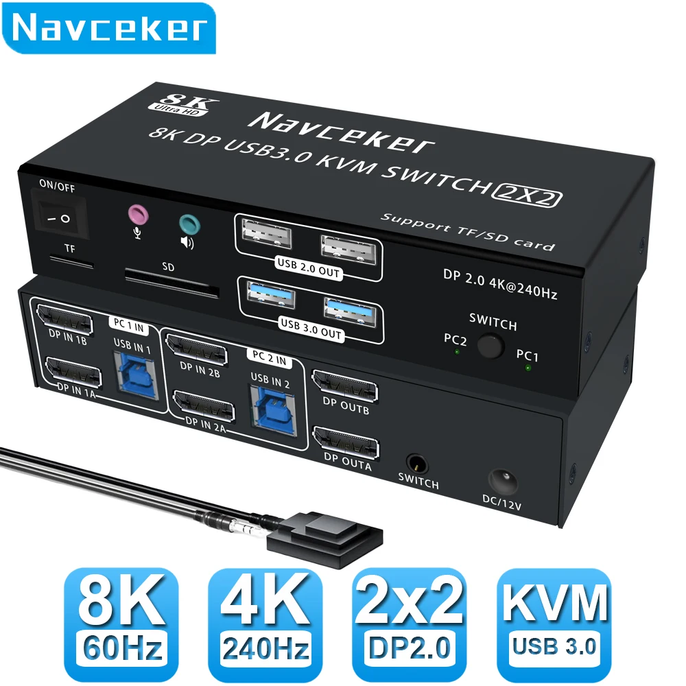 Фото Navceker 4K 240Hz Dual Monitor DP 2.0 KVM Switch 8K USB 3.0 Displayport KVM Switch 2 in 2 out Дисплей 2 монитора 2 Компьютер ПК №1