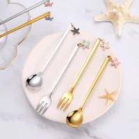 spork titanium gold long handle small round spoon 304 stainless steel coffee stirring spoon for dessert