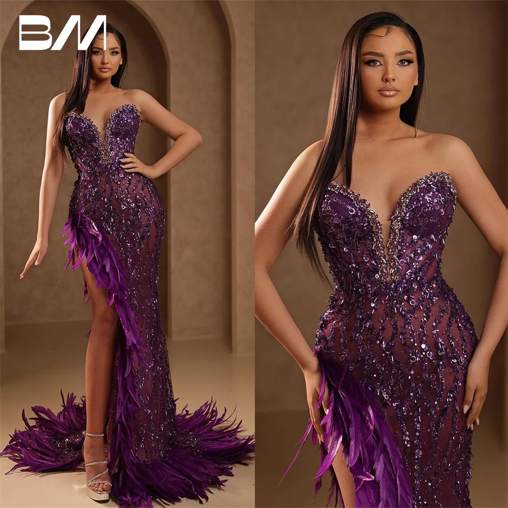 

Sweetheart Lace Sleeveless Evening Dress Custom Made Beading Side Split Party Gown Charming Purple Feathers Prom Dresses