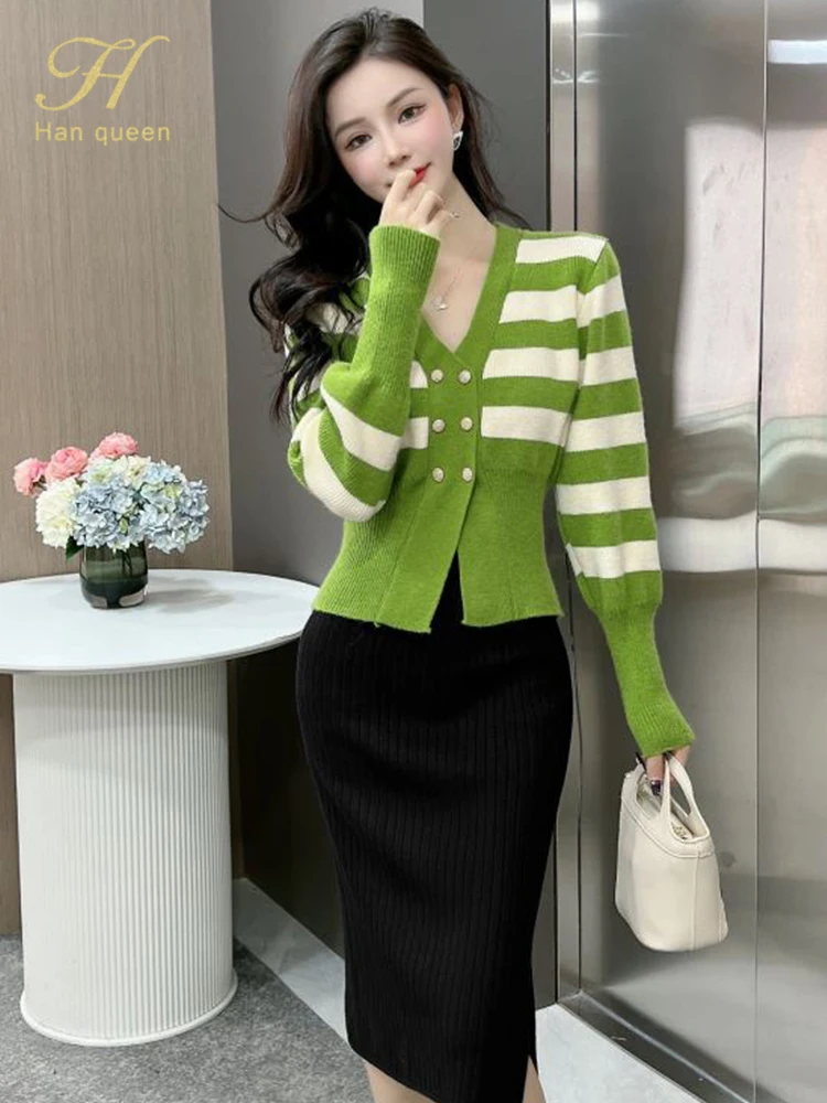 

Женский трикотажный костюм H Han Queen, элегантный повседневный трикотажный комплект из 2 предметов, топ в полоску с V-образным вырезом и юбка-кар...