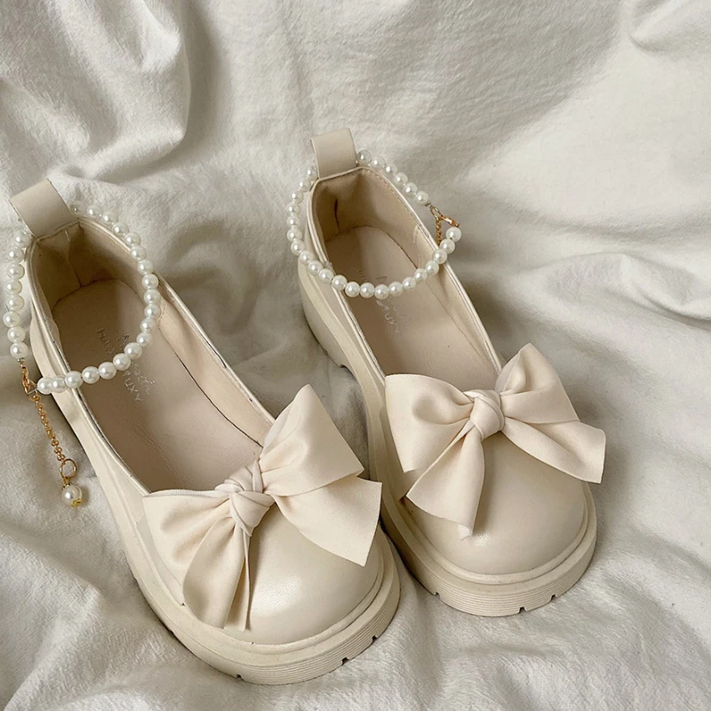 

Mary Jane Shoes Women's 2022 Spring and Summer New Pearl Bow Girls Single Shoes Thick Heel Fairy Style Small Leather Shoes