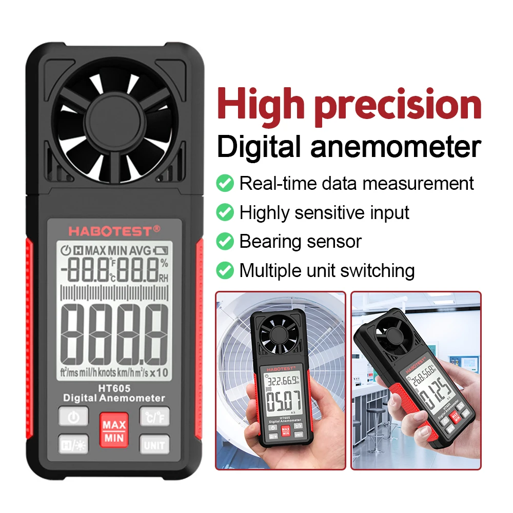 

Цифровой анемометр HT605, портативный измеритель скорости ветра 0,70-30,00 М/с, измеритель температуры и влажности с ЖК-дисплеем и подсветкой