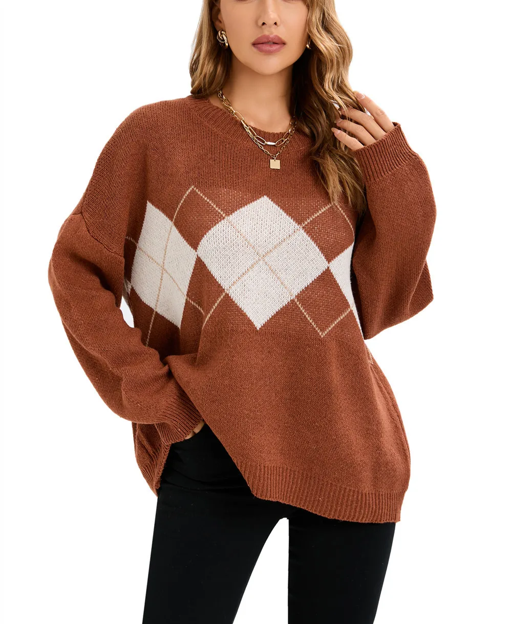 

Autumn Women Knit Sweater Winter Fashion Vintage Warm Pullovers Ladies Loose Sweater Korean College Style Jumper Plaid Sweater