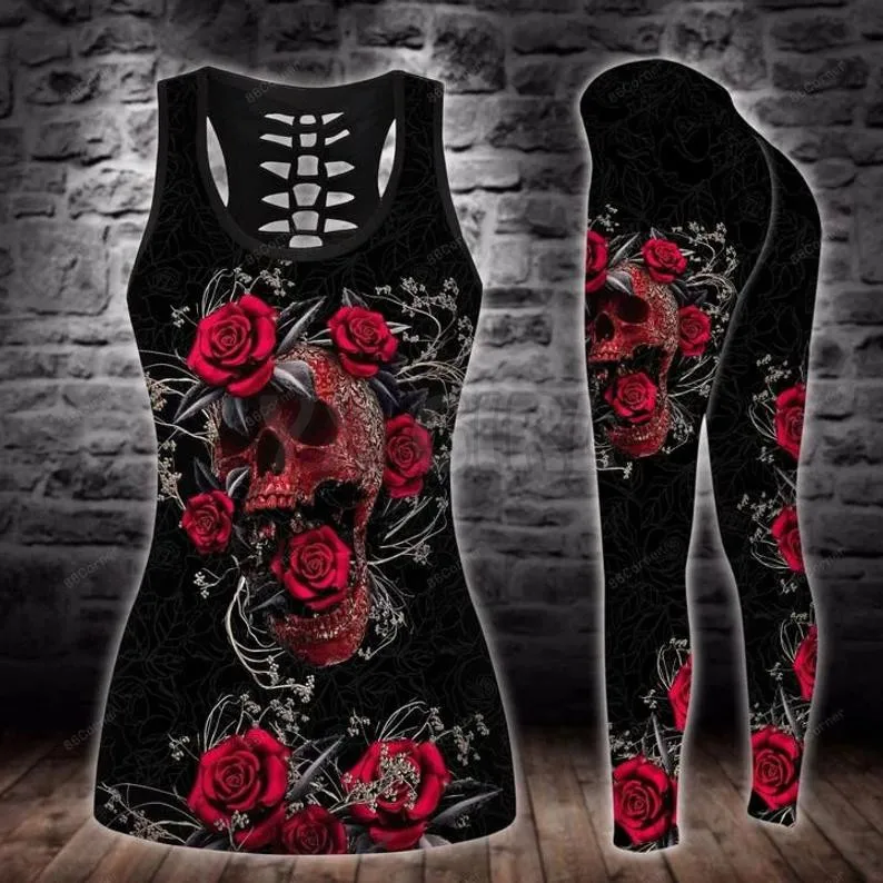 Rose Flower Skull 3D Printed Tank Top+Legging Combo Outfit Yoga Fitness Legging Women