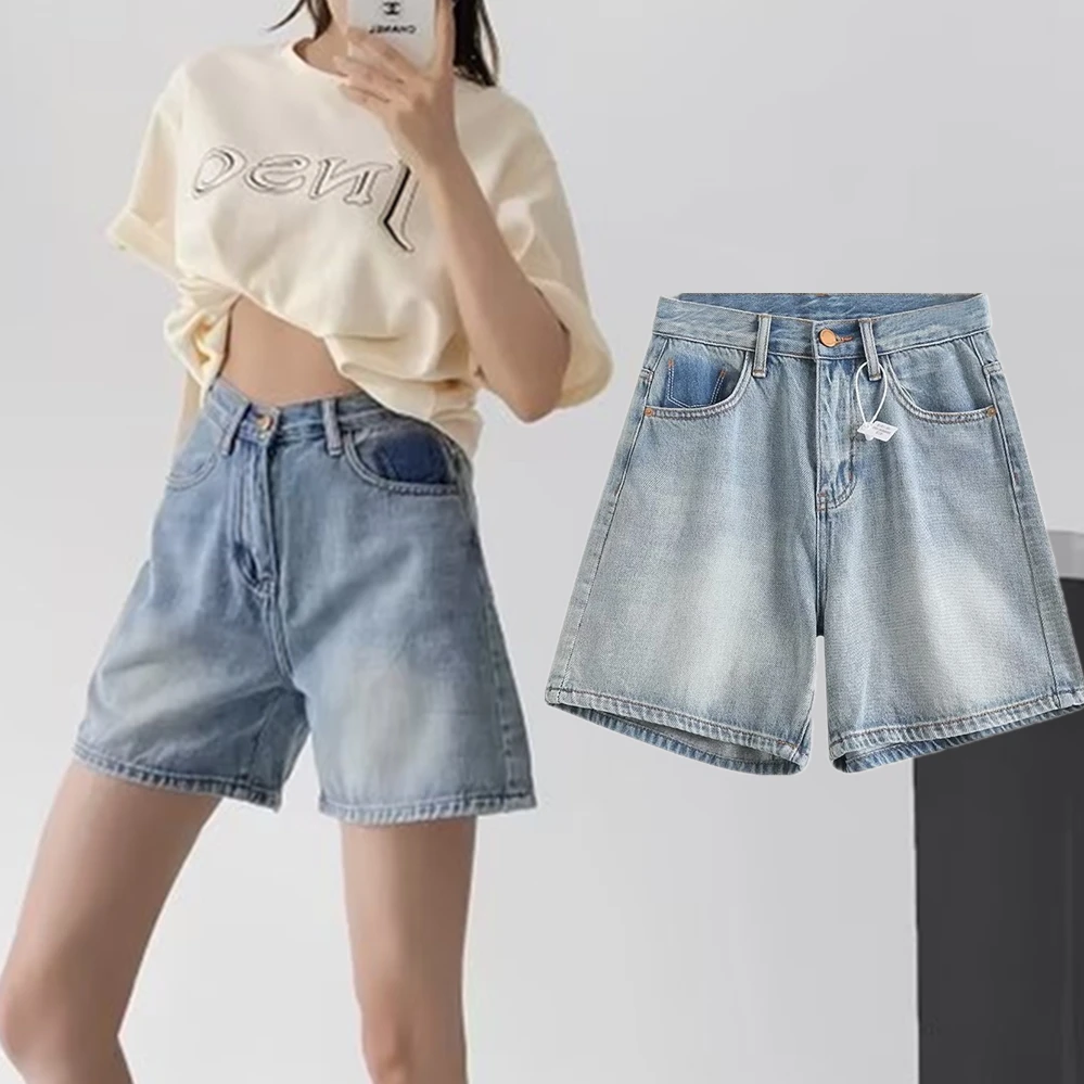 Jenny&Dave High Waist Casual Bermuda Women American Retro Washed Old Contrast Denim Shorts
