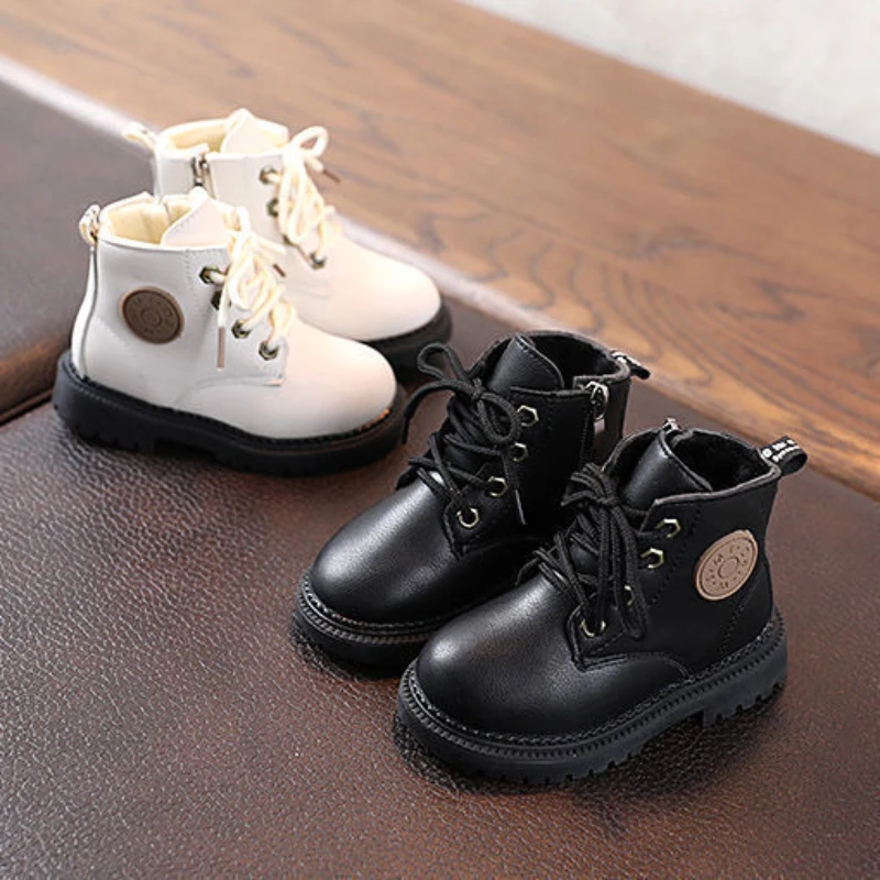 Little Girl Boots White Fashion Leather Shoes Black PU Sneakers Kids Modern Boots Winter Plush Casual Bootie Non-Slip Boys Shoes