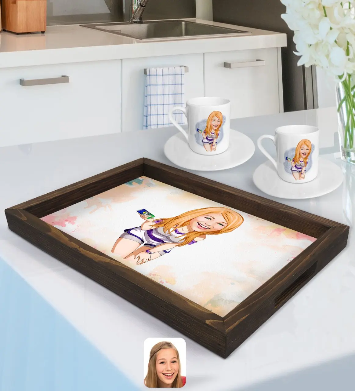 

Персонализированная Женская карикатура поднос из натурального дерева и 2Gang кофейная чашка Seti-36