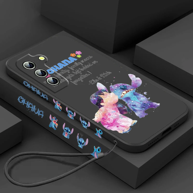 

Disney Stitch Angie Phone Case For Samsung Galaxy S23 S22 S21 S20 FE Ultra Plus S10 Lite 5G Liquid Left Rope