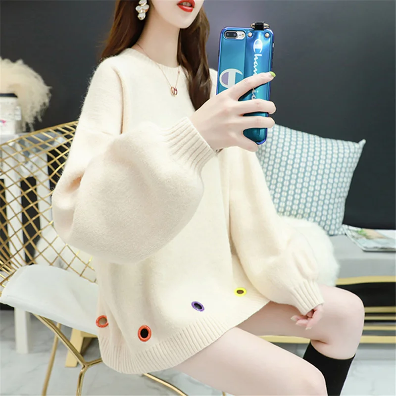 

Autumn Korean Winter Thick Pink Knitted Sweater Women Student Tops Fashion Loose 3 Color O-Neck Long Sleeve Knit Pullover Female