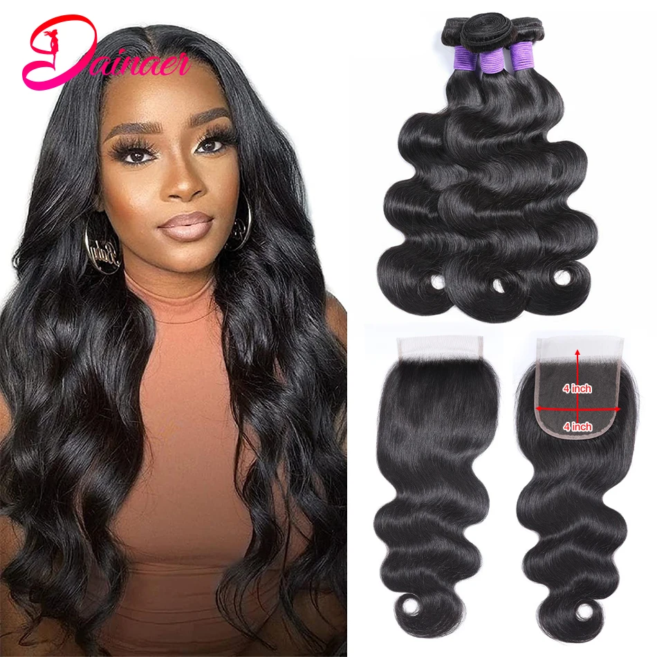 Indian Body Wave Human Hair Weaving With Closure 4x4 Closure With Bundles Virgin Hair Bundles With Closure Hair Extensions
