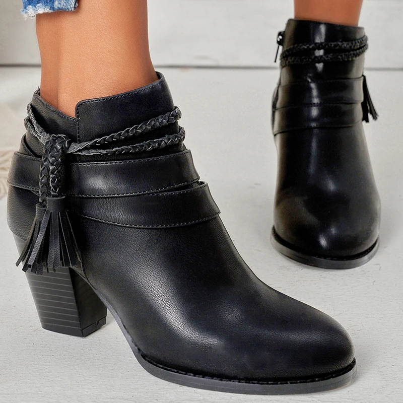 

Spring and Autumn Round Head Chunky Women's Black Platform Ankle Boots 2022 Fashion Tassel Shoes For Women Side Zipper Heels