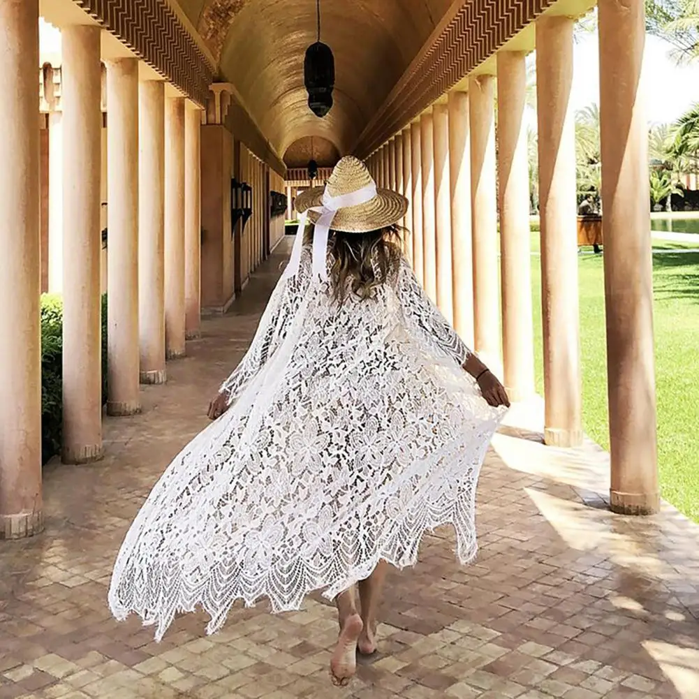 Женское кружевное пляжное кимоно черный и белый кардиган с вышивкой Длинная