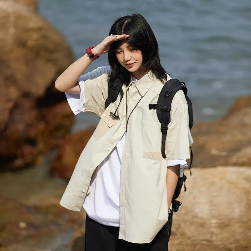 

Korean Fashion Summer Button Up Shirt for Men Women Japanese Streetwear Vintage Blouse Essentials Plain Preppy Style Clothing