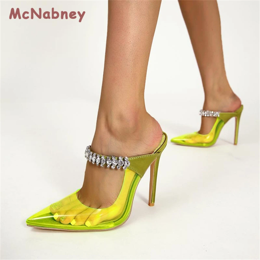 Crystal Clear Soft Women Pumps Slippers Fashion High Heels Luxury Rhinestone Pointed Toe Stiletto Summer Party Prom Slides