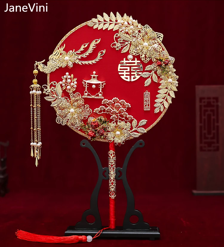 

Роскошный Золотой Феникс, искусственный букет, жемчуг ручной работы, цветы, металлический круглый веер, свадебные ювелирные аксессуары