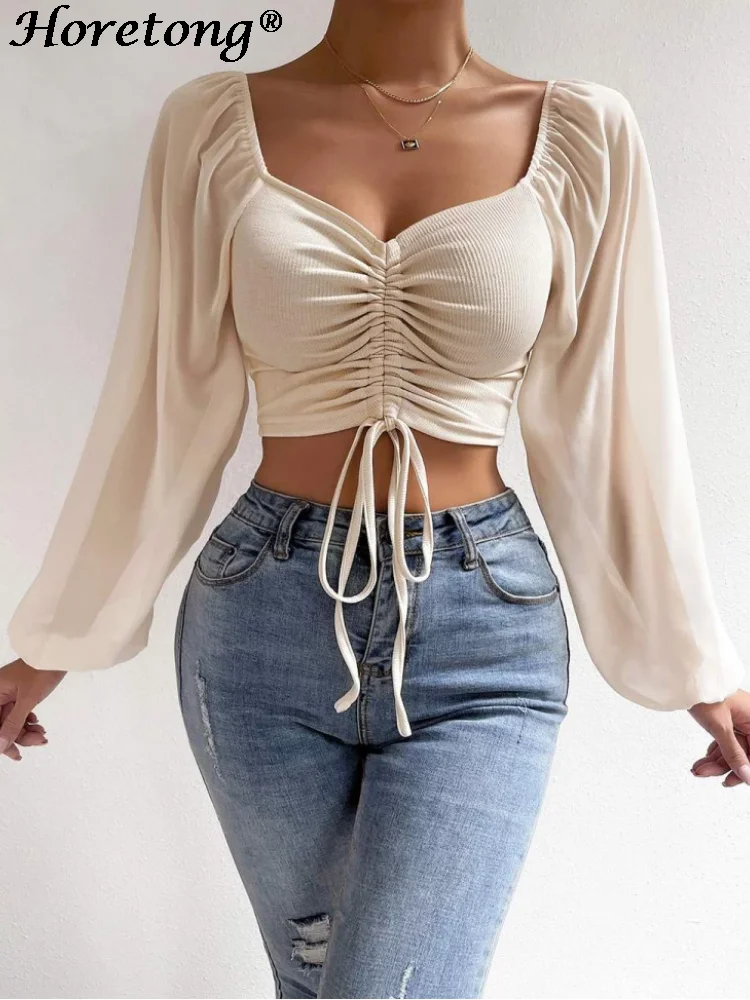 

Horetong Women Elegant Pullover Chiffon Lantern Long Sleeve Patchwork Tops Summer Autumn V-neck Drawstring Bandage Short Blouse